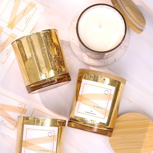 LAMORGIFT 12 Pack Gold Mercury Glass Candle Jars (10oz) with Lids - Candle Makes Accessory Set Including 15 Labels