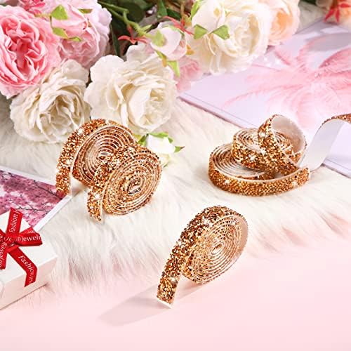Xinnun 5 Rolls Rhinestone Ribbon,Champagne Rose Gold,0.59 Inch,Basic Style