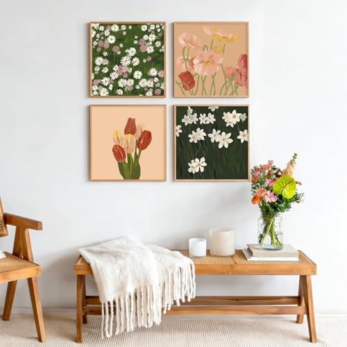 4 Pack Framed Paint by Numbers Kit for Adults Beginner with Wooden Easel, Vintage Flowers Easy Paint by Numbers with Frame, DIY Floral Number Painting for Adults Canvas for Home Decor Gift 10x10 Inch