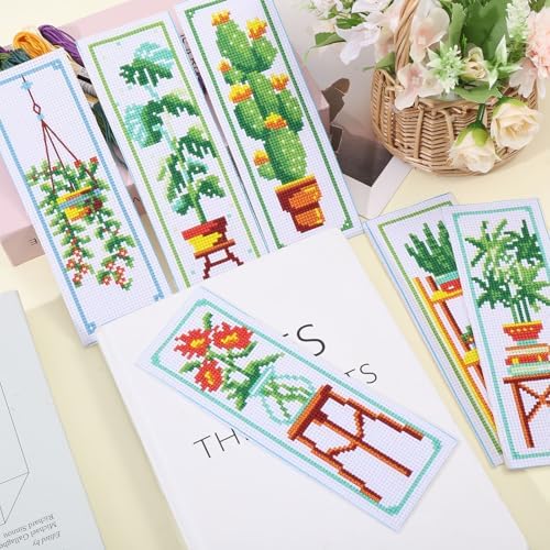ORIGACH 6 Set Green Plants Cross Stitch Bookmark Kit for Beginner with Backing Felt Floss Instructions DIY Stamped Embroidery Bookmark Kit for Adults, Book Lovers