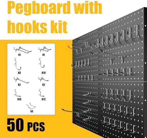 Spampur Peg Board, 4 Pack Metal Pegboard Panels with 50 Hooks, Black Pegboards Wall Organizer, Heavy Duty Peg Board for Walls Home, Garage Tool Storage, Office Organization, Craft Room, Kitchen