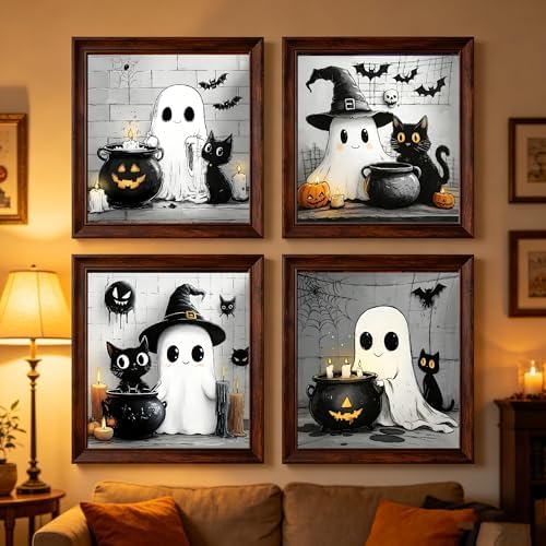 KYOQFVN 4 Pack Framed Paint by Numbers Kits for Adults, Halloween Paint by Number for Adults Beginners, Ghost Adult Painting by Number Kit on Canvas for Home Wall Decor 8×8inch