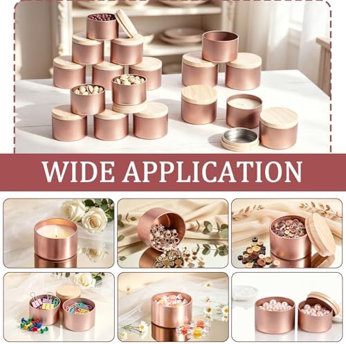 Candle Tins Jars Container Vessels for Making Candle 8 oz Rose Glod Empty Candle Tins Can With Lid Wax Container Bulk Making DIY Candle Supplies Accessories (Rose Gold with Woodgrain Lid, 8oz-12pcs)