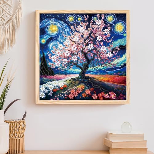 AiYuanzsh 5D Special Shape Diamond Art Kits for Adults, Cherry Blossom Tree Diamond Painting Kit, Starry Sky Style Crystal Rhinestone Diamond Art for Wall Decor Gift, 12×12 Inch