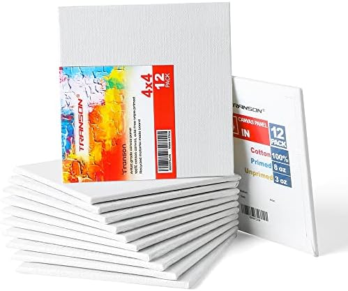 Transon 12 Pack 4x4 Inch Canvas Panel for Painting, with Heavy Duty MDF Backing Boards, 100% Cotton Acid-Free Primed for Beginners Art Crafts