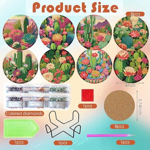 ijbnhd 8 Pcs Cactus Diamond Art Coasters Kit Diamond Painting Coasters
