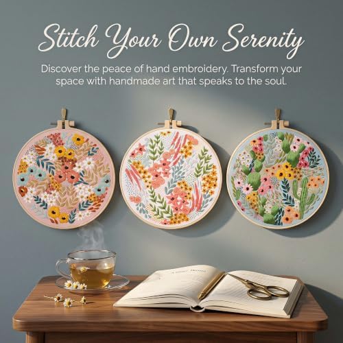 Harimau Beginner Adult Embroidery Kit, All-in-One Starter Pack with 3 Patterns, 3 Hoops, Scissors, Needles, Instruction Manual & Stitching Video Guides