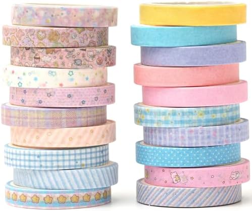 Vintage Washi Tape Set 20 Rolls Skinny Retro Decorative Antique Patterns Masking Tapes for Arts, DIY Crafts, Journals, Planners, Scrapbook, Wrapping (Kawaii)
