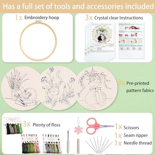 Ohcol 3 Sets Cat Embroidery Kit,Needlepoint Kits for Adults Beginner,Needle Point Sets with Washable Pre-Printed Pattern,1 Hoop,Women Hand Crafts