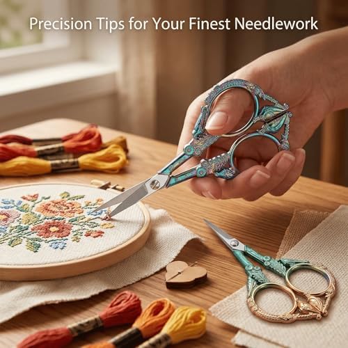 Crochet Scissors with Cover 2 Pack – Vintage Small Embroidery Scissors Set, Sharp Craft Scissors for Yarn Thread Sewing Needlework, Rainbow & Green Bronze Bird Gift for Crocheter, 4.6 Inch