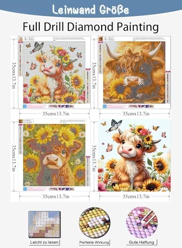 Benjenes 3PCS Highland Cow Diamond Art Kits for Adults, Diamond Painting