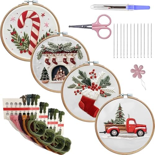 LB Christmas Embroidery Kit for Adults, 4Pc Christmas Embroidery Kits for Beginners with Red Truck, DIY Hand Cross Stitch Kit Holiday Gifts Ornaments Decorations