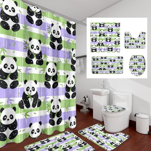 Funny Cute Japanese Panda 4 Piece Shower Curtain Sets,Abstract Cartoon Baby Panda Bears Non-Slip Rugs,Toilet Lid Cover and Bath Mat,Spring Forest Bamboo Print Bathroom Decor Set