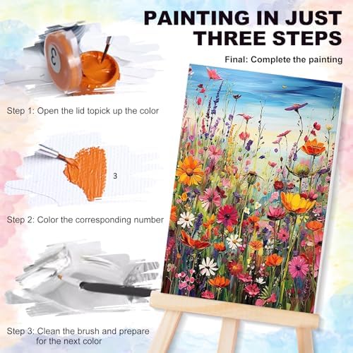 4 Pack Framed Paint by Numbers Kit for Adults Wildflowers with Wooden Easel | With Frame Canvas, Flowers DIY Acrylic Painting, For Adults Beginner, Stress Relief Craft Kits, Home Wall Decor Gift, 8x12 IN