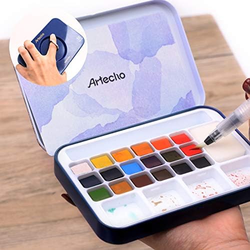 Artecho 18 Colors Watercolor Paint Set, Portable Travel Tin Box with Brush
