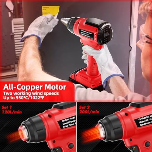 Cordless Heat Gun for Milwaukee 18V Battery, 350W 1022°F (550°C) Soldering Heat, Variable Temperature Control Hot Air Gun Kit with 4 Nozzles and Scraper, for Shrink Tubing, PVC Wrap(NO Battery)