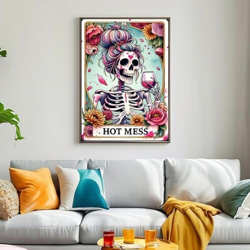ckdiluy 5D Diamond Art Painting Kit, Hot Mess Floral Skull Design, Full Drill Round Crystal Paint with Accessories, DIY Wall Home Decor, Adult Crafts Gift 12x16 Inch