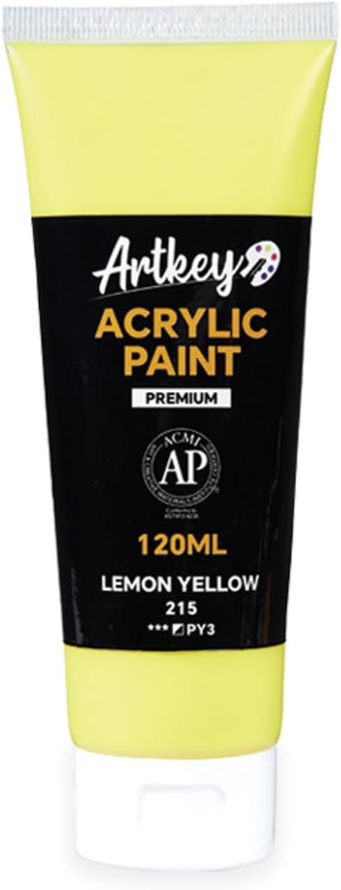 Artkey Acrylic Paint - Lemon Yellow (120 ml/4.06 oz) Tubes, Rich & Vibrant Pigments, Professional Artists Acrylic Paints - Art Supplies for Canvas Wood Rock Clay Fabric Ceramics Art Crafts Painting