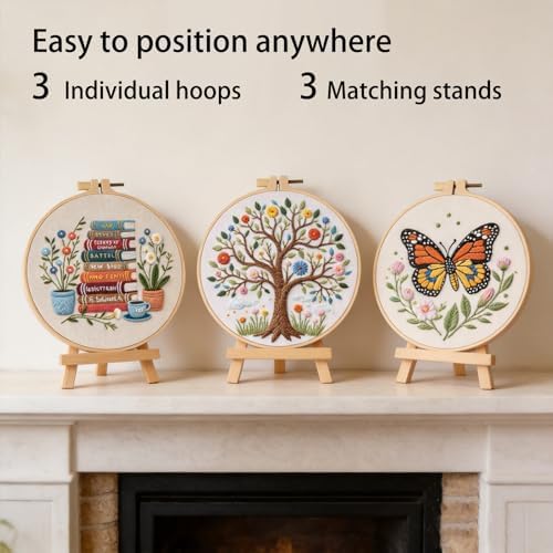 Qupace 3 Pcs Tree Embroidery Kits for Beginners Adults - Cross Stitch Sewing Craft Set with 3 Embroidery Hoops & 3 Finished Stands,Book Needlework Kit