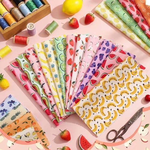 HunnmingRe 20 Pcs 10''x10'' Summer Fruit Quilting Fabric Square Lemon Strawberry Precut Quiltted Fabric Watermelon Pineapple Cherry Printed Patchwork Materials for Summer Sewing DIY Craft Supplies