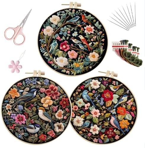 LB Red Floral Embroidery Kit for Beginners Adults, 3 Sets Hand Embroidery Starter Kit with Cute Bird Pattern and Instructions Stamped Cross Stitch Kits Include Embroidery Hoop Needles Threads Scissors
