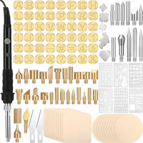 Lothee 136 Pcs Wood Burning Kit for Adults Beginners, Adjustable Temperature Pyrography Pen Set with Alphabet Number Tips, Stencils & Wood Chips, DIY Wooden Burner Tool for Embossing Carving