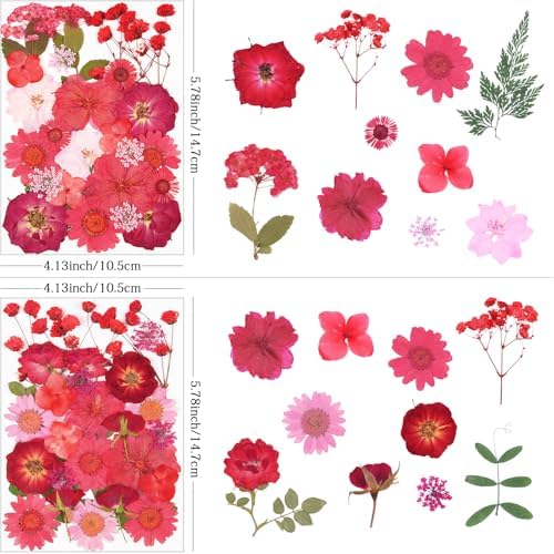 110Pcs Red Dried Pressed Flowers for Crafts,Xinxinran Dry Flower Kit for Resin Molds,Epoxy Resin Accessories,Bookmark,Nails, Jewelry Molds,Candle Making Supplies,Soap,Frame