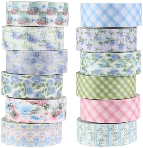12 Rolls Floral Washi Tape Set, Pink Blue Watercolor Flowers Design for for Journaling, Scrapbooking, DIY Craft, Planners, Gift Wrapping, Back to School Art Supplies