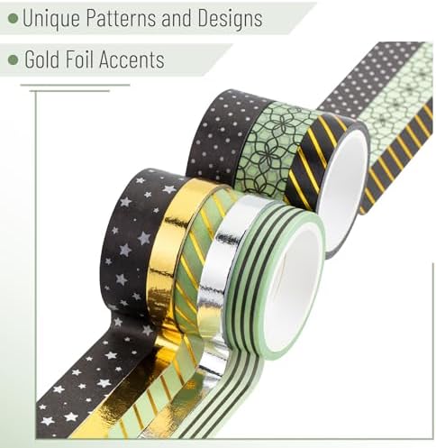 Mr. Pen- Washi Tape Set, 8 Rolls, Assorted Sizes, 5 Yards/Roll | Gold Foil Decorative Tape for Scrapbook, Arts, Crafts, Journals and Planners, Midnight Garden