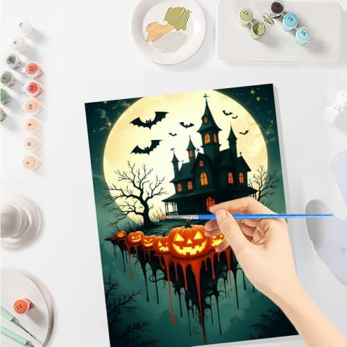 SENQAO Halloween Pumpkin Castle Bat Paint by Number Kits for Adults, DIY Paint by Numbers Kits for Adults Beginners Without Frame, Acrylic Paint Canvas Painting Kits Art for Home Decor 8X12 inch