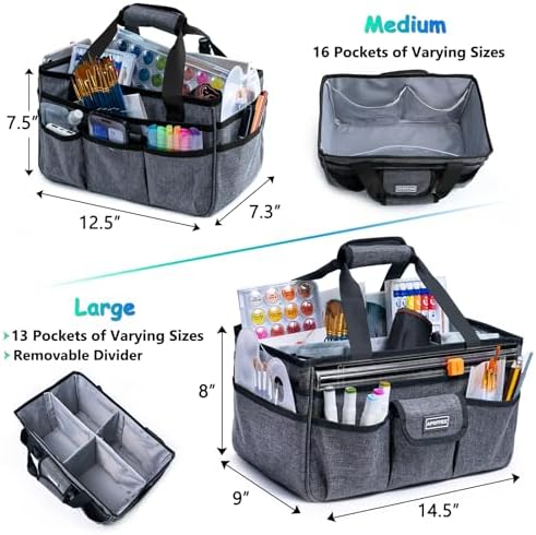 APOFFICE Art Supply Organizer Tote Bag – Craft Caddy with Handle, Utility Storage Tote with Multiple Pockets & Adjustable Divider for Stationary, Sewing, Scrapbooking, School, Office, Medical Supplies