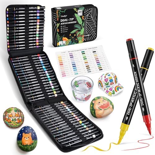 JusArt Acrylic Paint Markers 48 Colors, Dual Tip Art Supplies with Canvas
