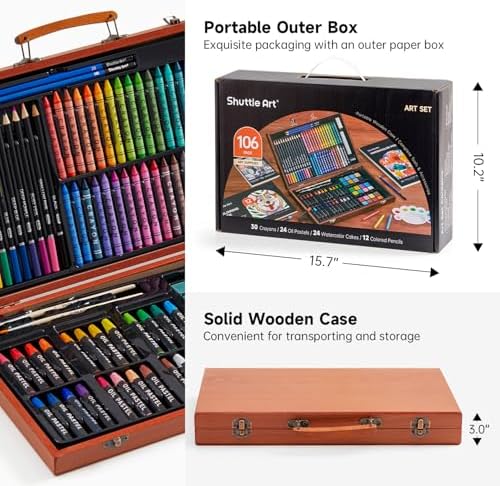 Shuttle Art 106 Piece Deluxe Art Set, Art Supplies in Wooden Case, Painting Drawing Art Kit with Crayons Colored Pencils Oil Pastels Watercolor Cakes Coloring Book Sketch Pad for Kids Adults