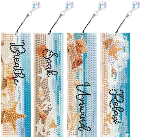 Mandun 4 Pcs Diamond Painting Bookmark Kits, Special Shaped Diamond Art Bookmarks with Pendant, DIY Beach Diamond Art Bookmarks with Tassels Crafts Gifts Supplies