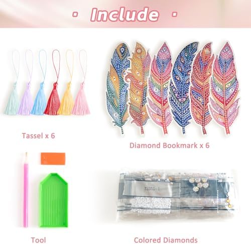6 Pcs 5D Diamond Painting Art Kit, DIY Acrylic Crystal Diamond Bookmarks with Tassel, Flower & Feather Designs, Handmade Crafts BookMark Gift for Book Lovers, Women & Teenage, Creative Decor
