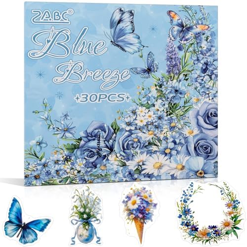 Blue Butterfly Garden Theme Sticker Scrapbooking Supplies for Junk Journal, 30 Sheets PET Stickers - Vintage Journaling Stickers, Ephemera Sticker Book Pre Cut(TZ-005-002)