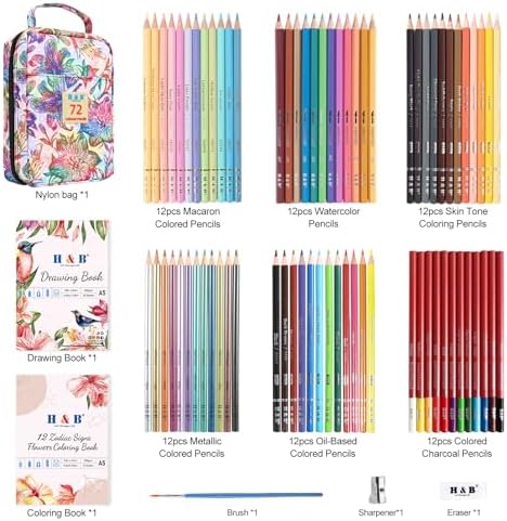 H & B Art Supplies, 72 Pack Drawing Supplies for Adults, Drawing Kit with Drawing Book, Coloring Book, Watercolor, Metallic Charcoal Macaron Oil-Based Coloured Pencils for Artists