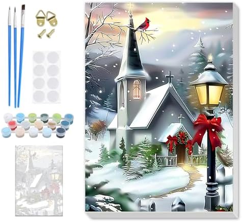 SENQAO Christmas Paint by Numbers for Adults Framed, Winter Church Adults' Paint-by-Number Kits, Adult Paint by Number Kits on Canvas, Acrylic Number Painting for Home Decor, 8x12inch
