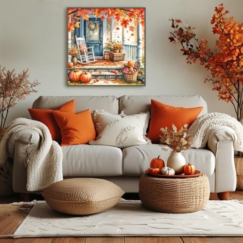 GEWOUVIN Fall Couryard Diamond Art Kits for Adults,Autumn Chair Diamond Painting Kits for Adults Beginners, DIY Full 5D Round Drill Gem Art Kits for Gift Home Wall Decor【13.8x13.8inch】