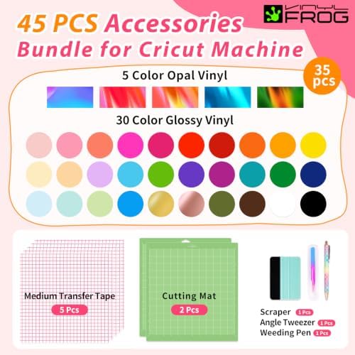 VINYL FROG 45PCS Accessories Bundle for Cricut-Vinyl Bundle for DIY Craft Projects，Ultimate Tools with Permanent Adhesive Vinyl, Holographic Vinyl, Transfer Tape, Cutting Mat, Weeding Tools, Scrape