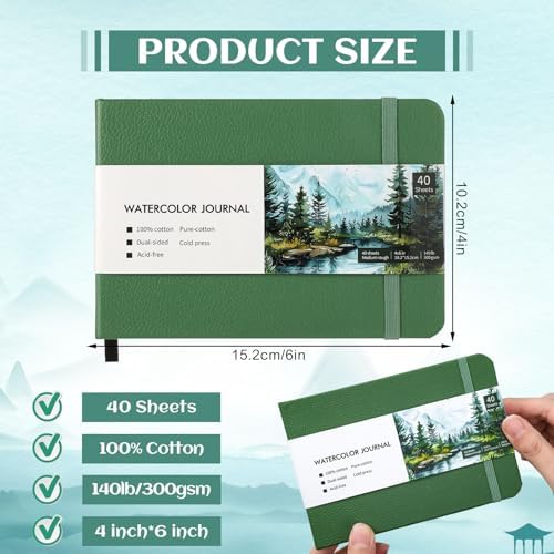 40 Sheets Watercolor Journal 4x6in, 140 lb/300 GSM Watercolor Sketchbook Cold Press Watercolor Paper Watercolor Notebook for Art Painting, Drawing, Mixed Media