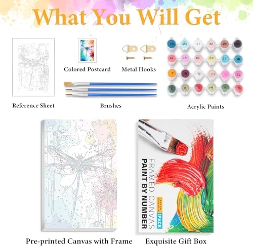 Framed Paint by Numbers Kit for Adults, Dragonfly & Flower Decor 8x12 Inch