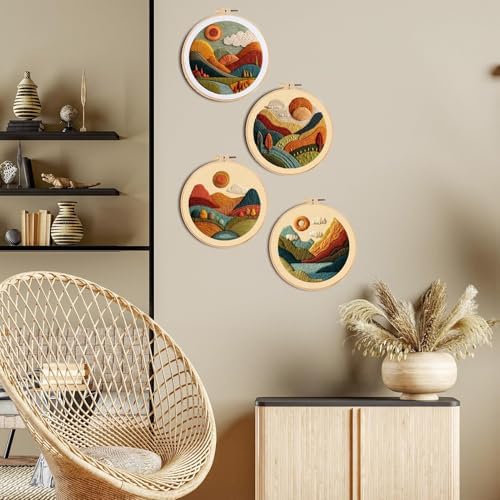 FONNUY Embroidery Kit for Beginners, Textured Vibrant Nature Landscape Pre-Stamped Pattern Kits for Adults with Hoop, Easy to Follow Color Thread Needlework, 8'' Hoop (Red 2)