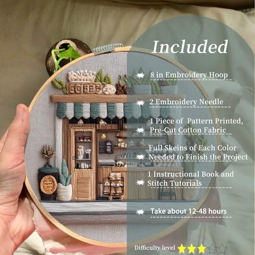 FONNUY Coffee Shop Embroidery Kit, Vintage Cafe Pre-Stamped Pattern Kits Handmade DIY Embroidery Set Suitable for Both Adults and Beginners Color Thread Needlework, 8'' Hoop (SkyBlue)