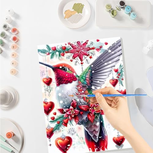 SENQAO Christmas Paint by Numbers for Adults Framed, Hummingbird Flower Adults' Paint-by-Number Kits, Adult Paint by Number Kits on Canvas, Acrylic Number Painting for Home Decor, 8x12inch