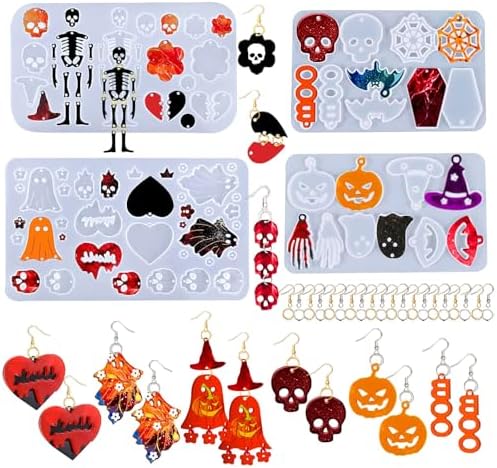 224 PCS Halloween Earring Resin Molds with Hole, Silicone Molds with 80 Earring Hooks Skull Pumpkin Bat Spider Epoxy Resin Jewelry Mold Pendant Keychain