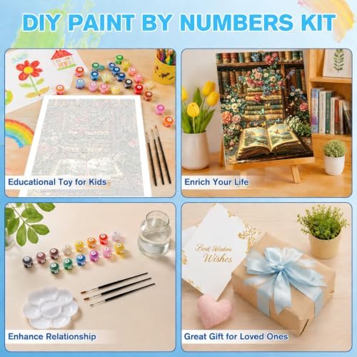 Books Paint by Numbers Kit for Adults, DIY Oil Painting Canvas 16x20inch