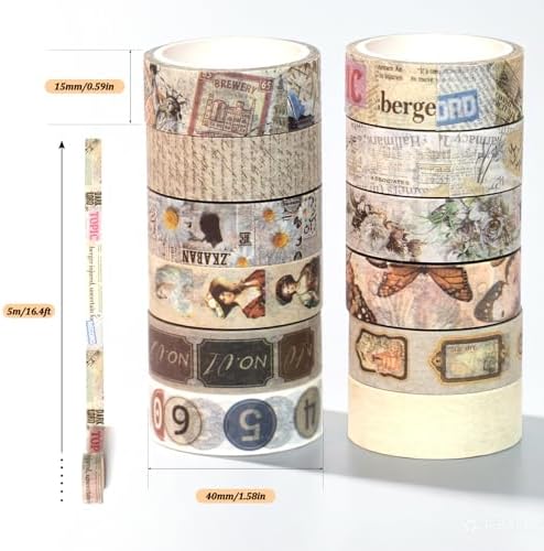 Washi Tape 12 Rolls Vintage Watercolor Washi Tape Set, Decorative Tape for Bullet Journal, DIY Craft, Scrapbook Supplies