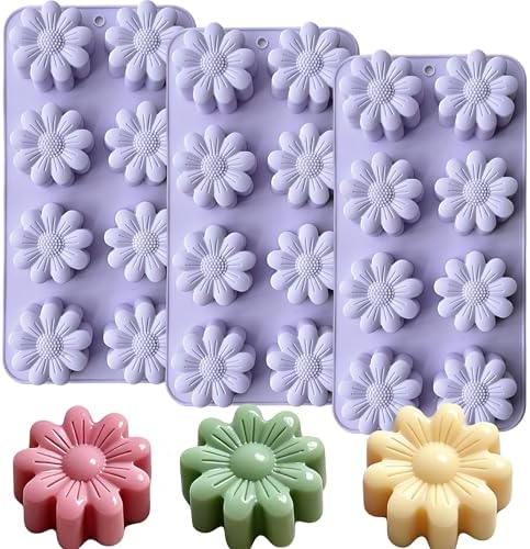 3 Pack Flower Silicone Molds, Daisy Flower Chocolate Candy Molds for Soap Making 8 Cavities Daisy Ice Cube Molds for Baking Candle Cookie Jello Wax Melts Cake Decorating
