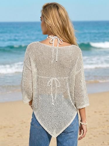 MAKABO Women's Off Shoulder Mesh Knit Cover Up Summer Beach Asymmetrical Vacation Bolero